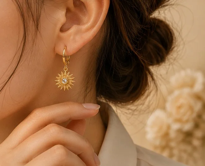 Gold Sunburst Charm Huggie Hoop Earrings